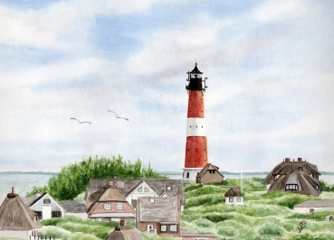 Postkarte DIN-A6  Aquarell Kunst Maritim Druck Kunstdruck Leuchtturm Hörnum  Sylt Nordsee Meer Strand Dünen